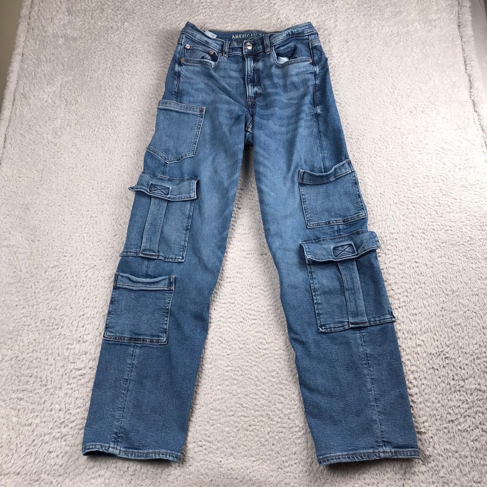 American Eagle Super High Rise Baggy Straight Cargo Jeans Women 6 Blue Stretch